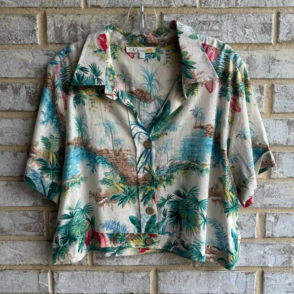 C&C California Short Sleeve Button Up Collared Tropical Cropped Shirt Size L - Picture 1 of 8